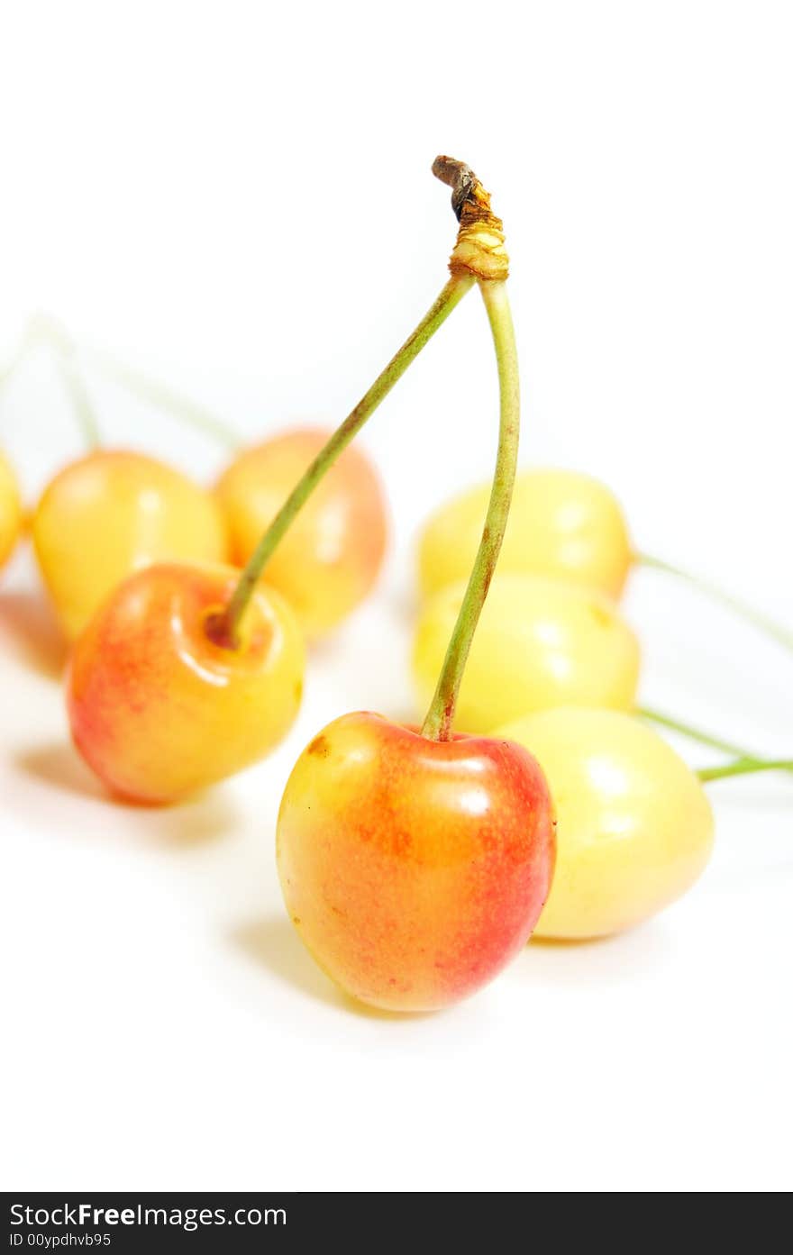 Light orange cherries isolated on white