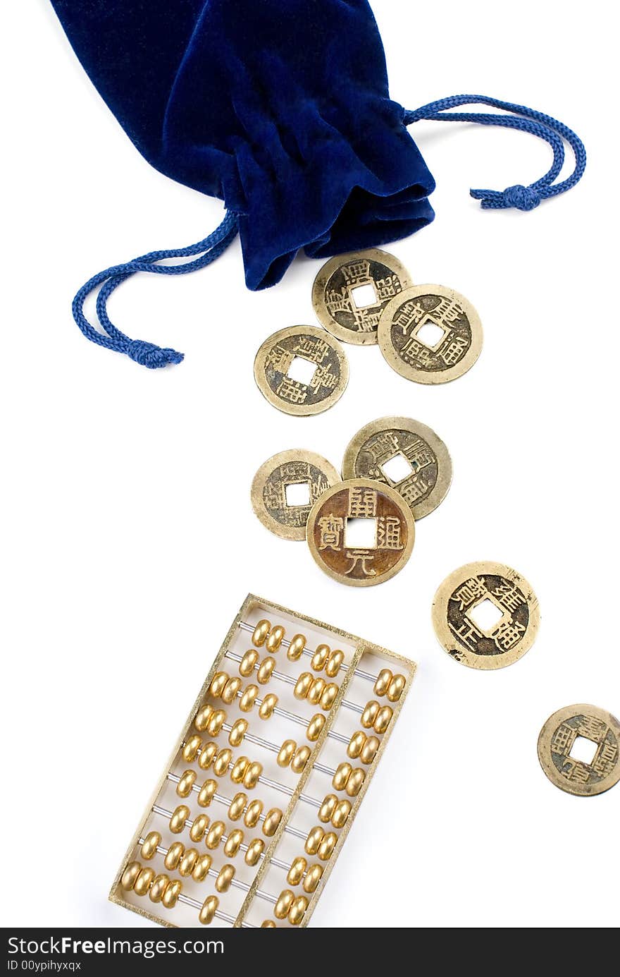 Gold chinese abacus and old coins on the white background. Gold chinese abacus and old coins on the white background