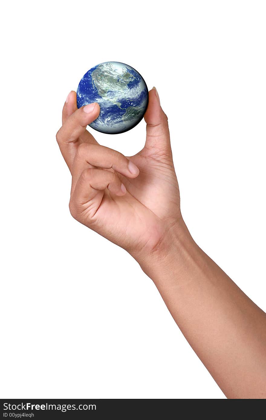 Hand holding a miniatur Earth on white background; computer generate image. Hand holding a miniatur Earth on white background; computer generate image