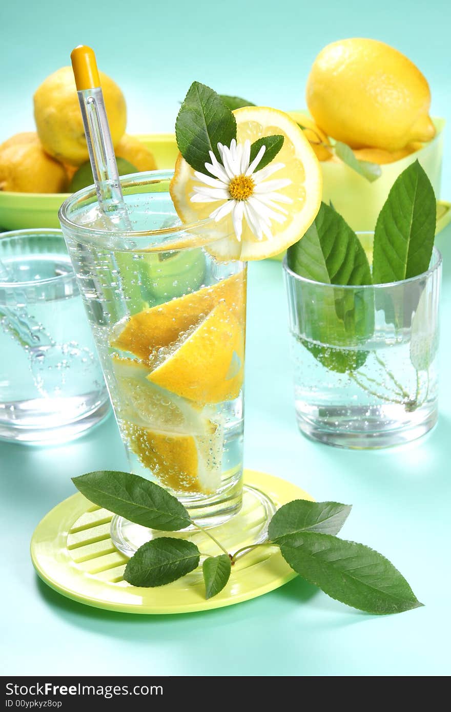 Closeup of glass of iced cold soda with lemon. Closeup of glass of iced cold soda with lemon