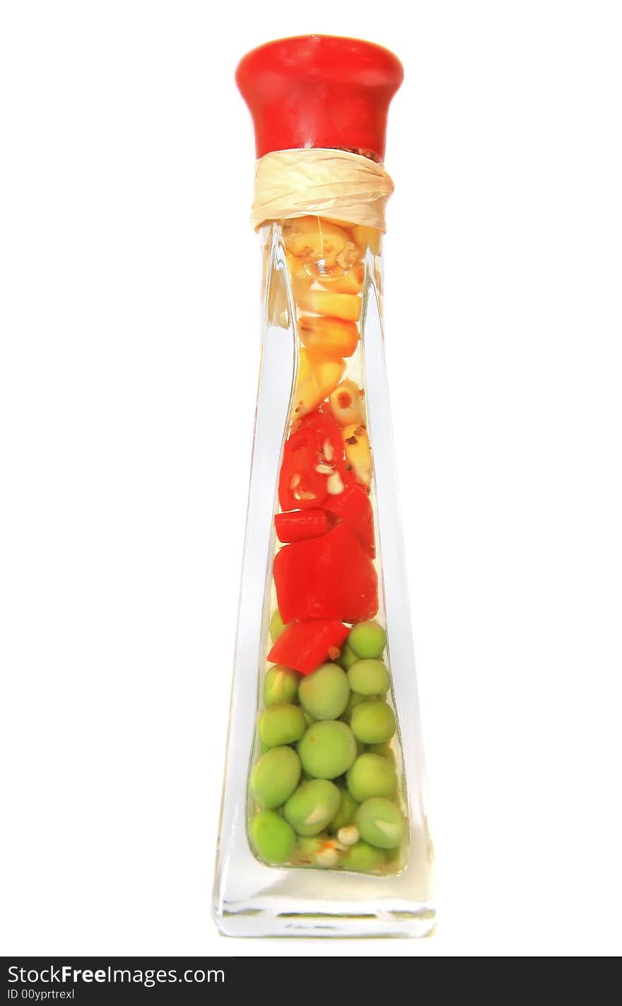 Set-corn, pepper and peas in glass bank on a white background