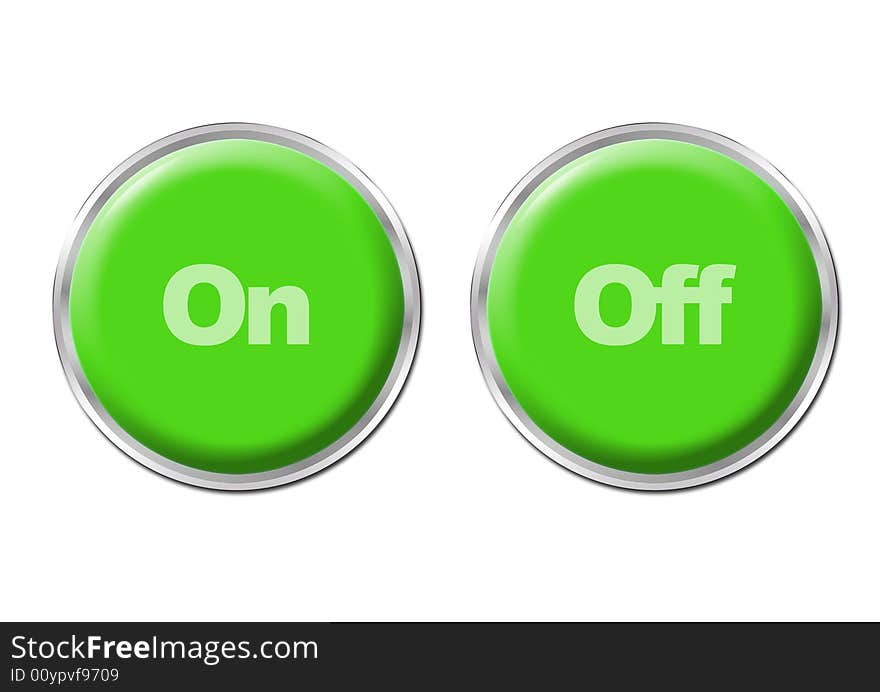 Two green round buttons with the symbols On and Off. Two green round buttons with the symbols On and Off