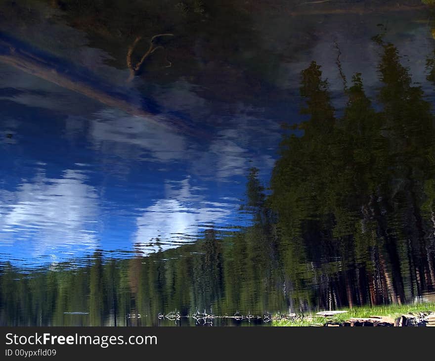 Diffuse reflection of the forest in the surface of a Rocky Mountain lake. Diffuse reflection of the forest in the surface of a Rocky Mountain lake.