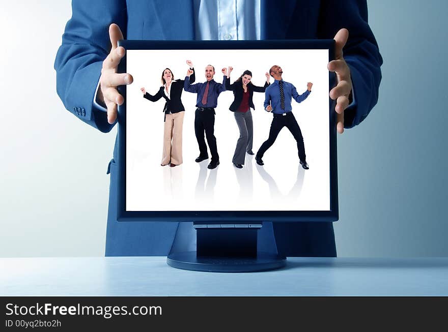 Businessman holding an lcd monitor. Businessman holding an lcd monitor