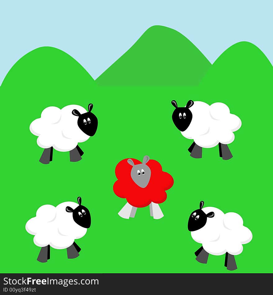 Odd sheep with red wool getting stares from normal sheep. Odd sheep with red wool getting stares from normal sheep