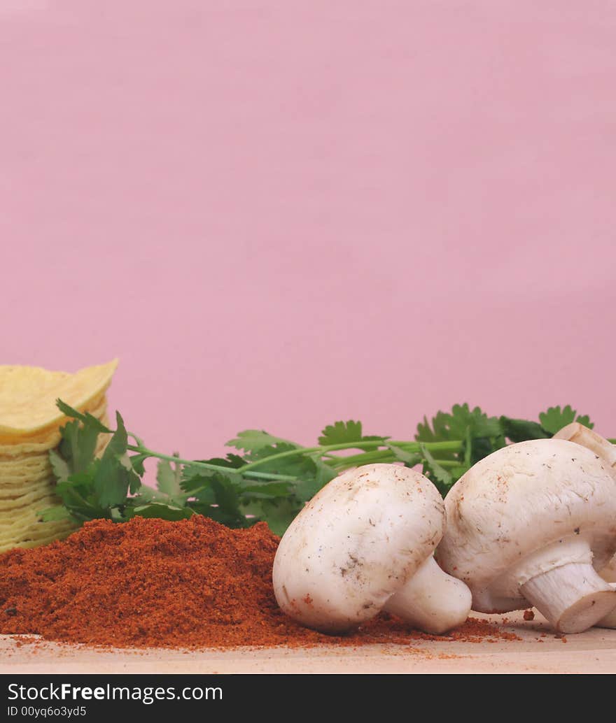 Mushrooms and Paprika With Tortillas on Pink Background