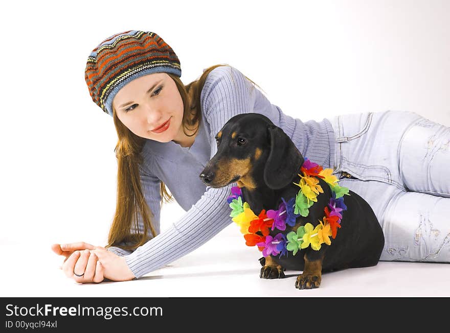 The girl with a dog on hands