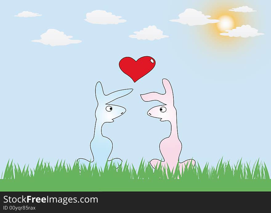 Romance card with two rabbits in love