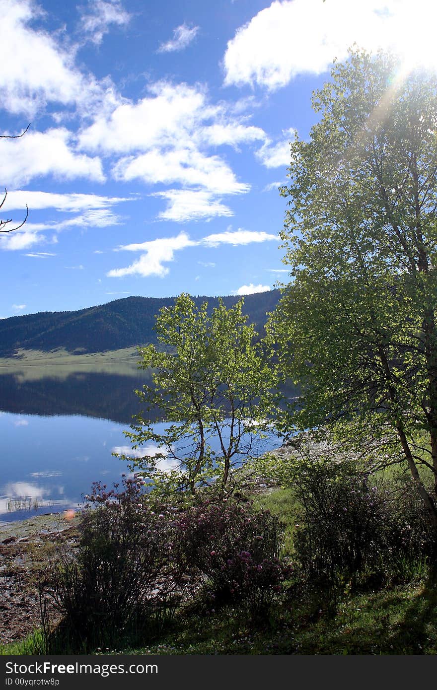 Lake in mountains surrounded by  woods and the cloudy sky above it. Lake in mountains surrounded by  woods and the cloudy sky above it.