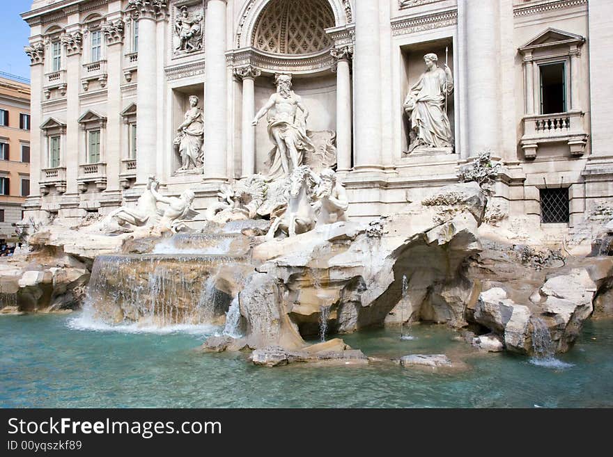 Trevi Fountain, Rome, Italy, with a blue sky background