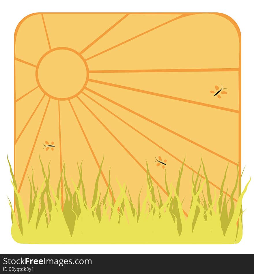 Color background with grass, sun, butterfly