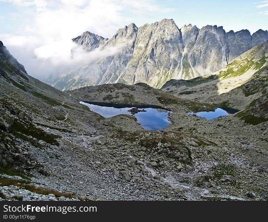 Beauty morning mountain view, clouds, lake and blue sky