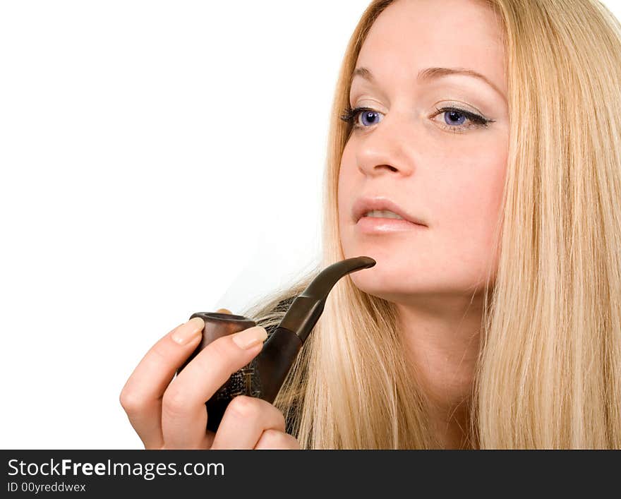 Portrait of the beautiful blond woman with tobacco-pipe in her hand