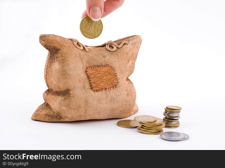 Isolated piggy bank with coins and woman's hand