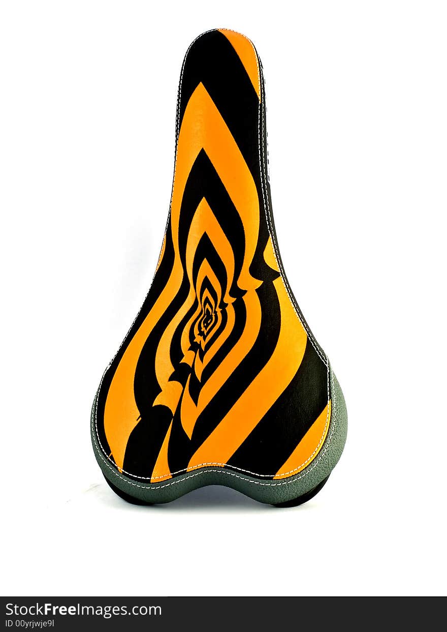 An isolated image of the striped bike saddle