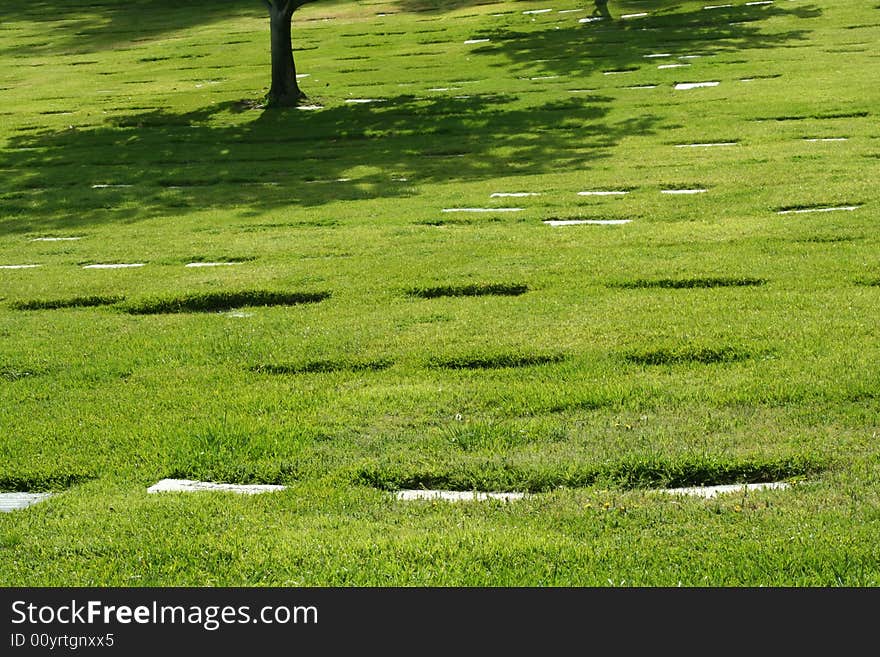 Green grass in a cemetery showing the shade from a tree and in-ground grave markers. Green grass in a cemetery showing the shade from a tree and in-ground grave markers