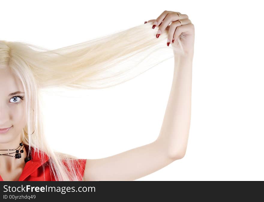 Sexy woman holds her long white hair