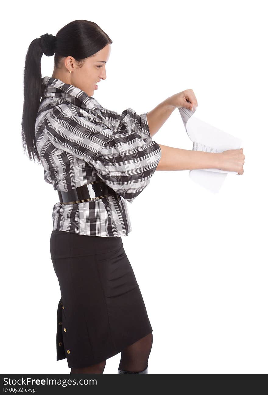 Business women tearing paper list isolated on white