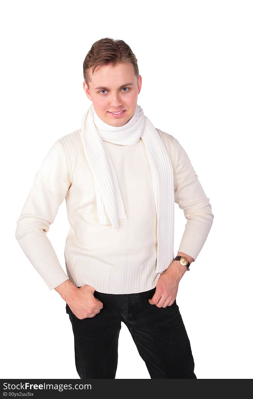 Young Man In White Sweater Poses