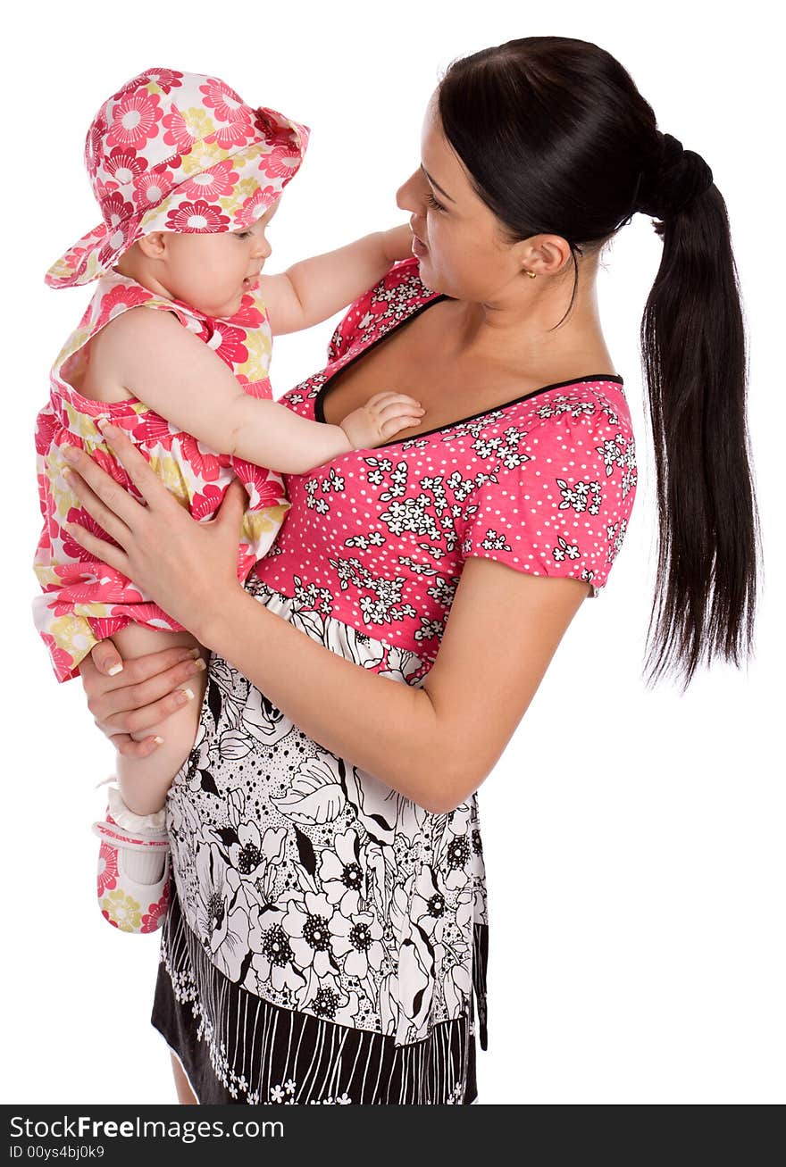 Young mother hold his infant child isolated on white. Young mother hold his infant child isolated on white