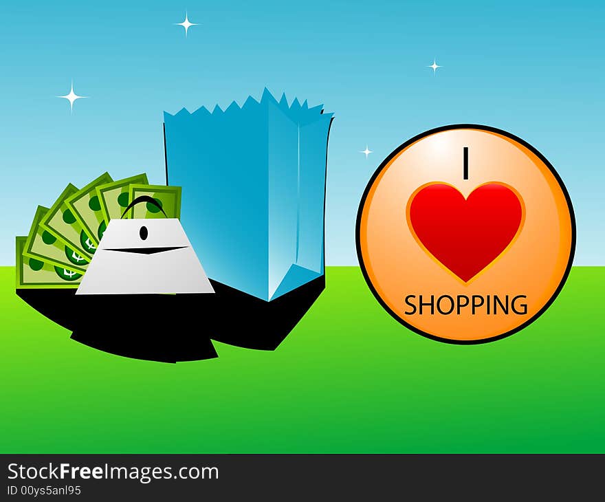 Lady with shopping symboled on isolated background. Lady with shopping symboled on isolated background