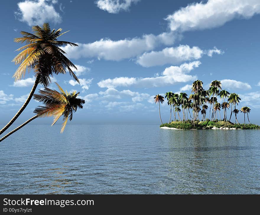 Coconut palm trees on a small island - digital artwork. Coconut palm trees on a small island - digital artwork