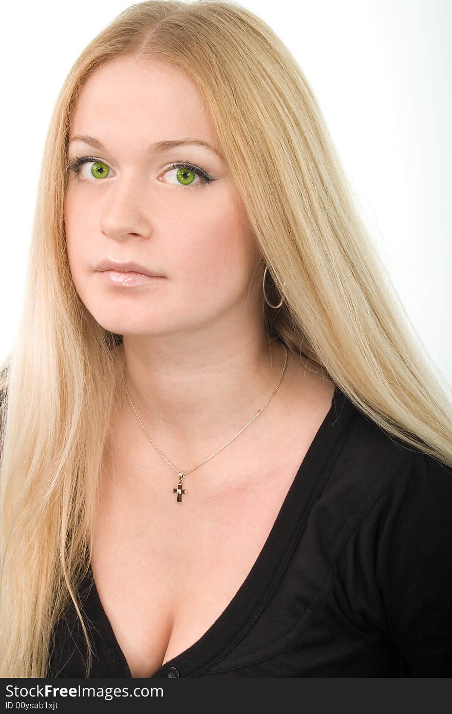 Young attractive green-eyed woman in black on white background