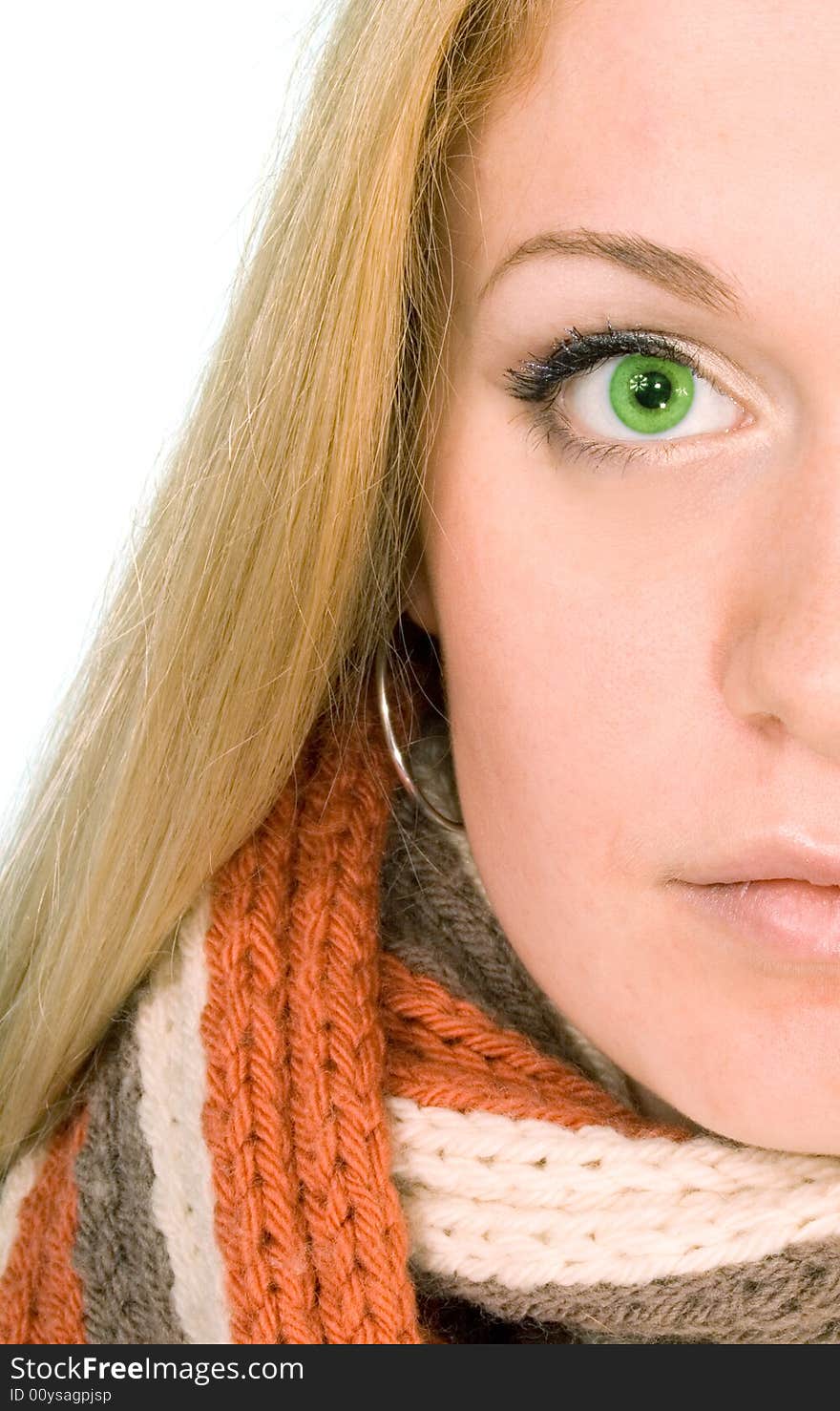 Blond woman in a scarf on white.Close up. Copy space