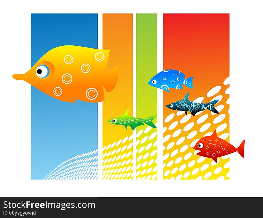 Fish of different colors on stripy background. Fish of different colors on stripy background