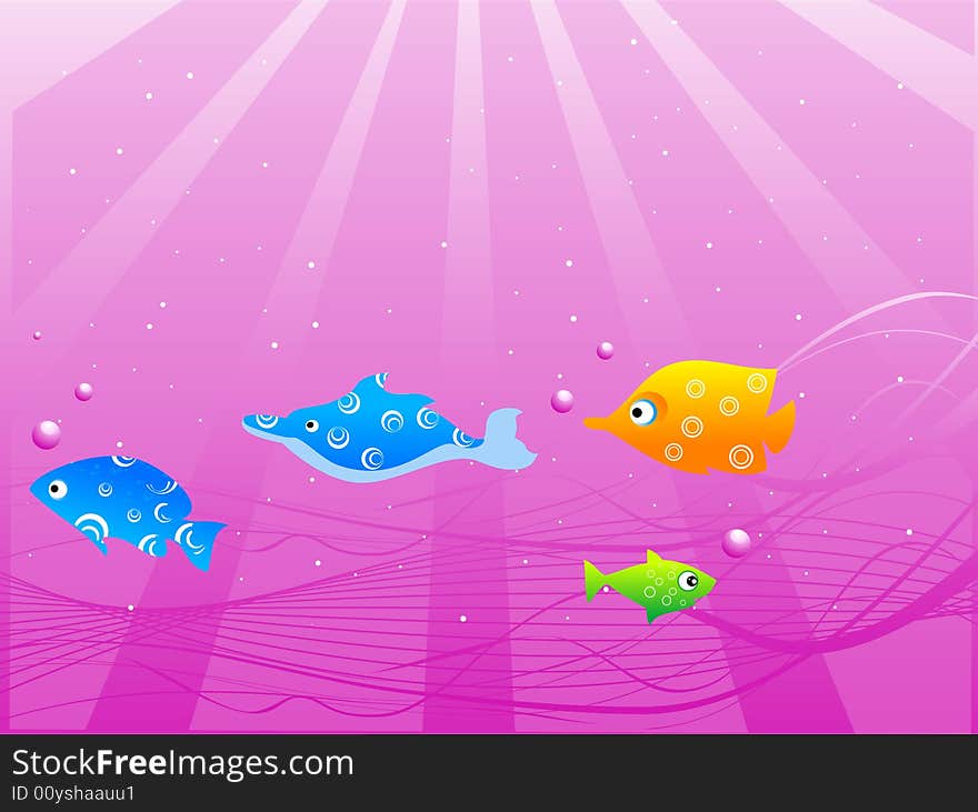 Sun rays falling into sea with fish. Sun rays falling into sea with fish