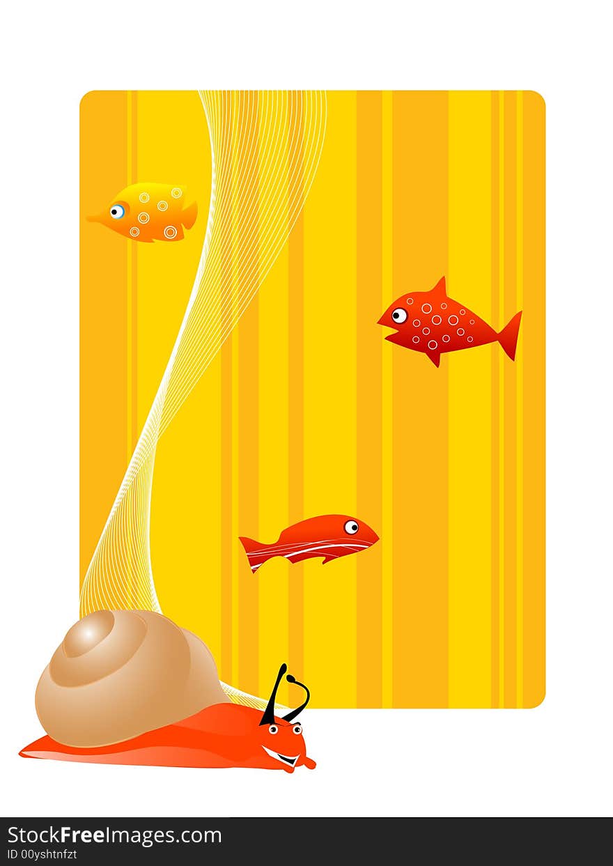 Snail and fish on stripy rectangular background