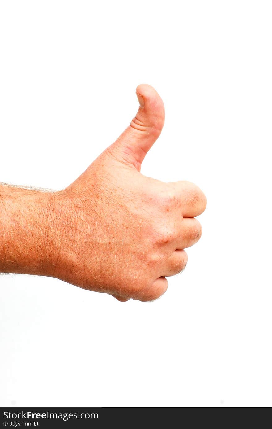 Shot of a thumbs up hand against white