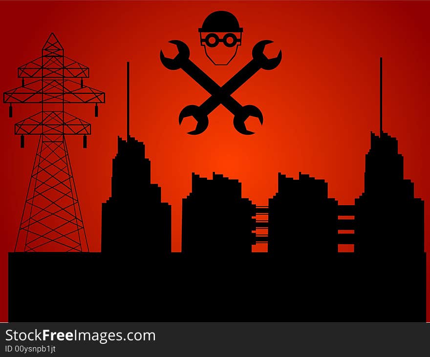 Factory  and tower with tools on abstract background. Factory  and tower with tools on abstract background