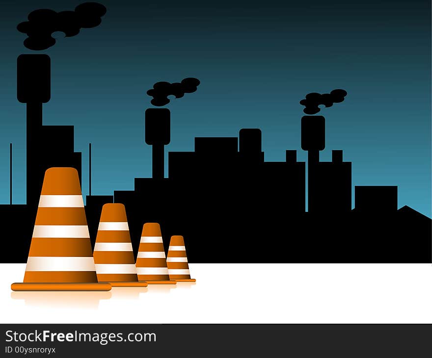 Silhouette of factory and road blockers on gradient background