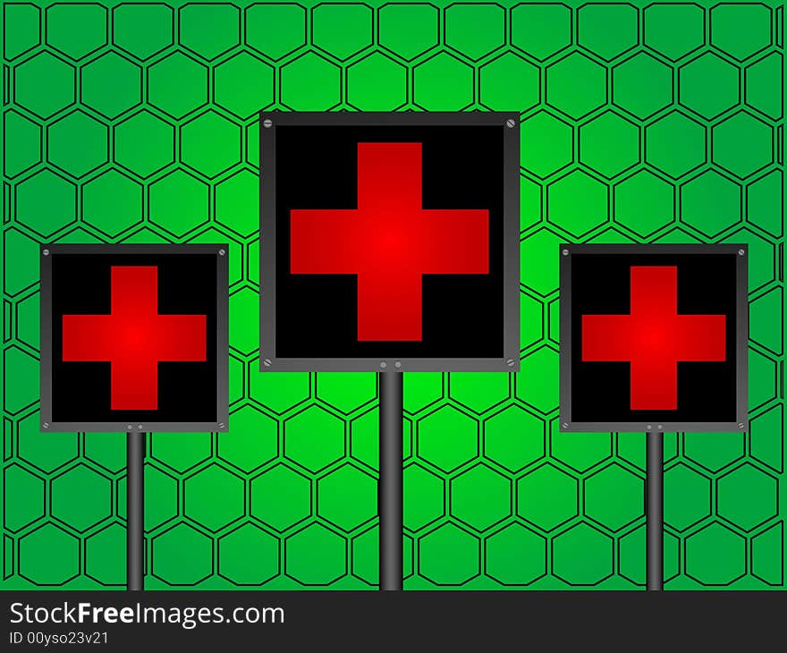 Medical sign board on hexagonal background