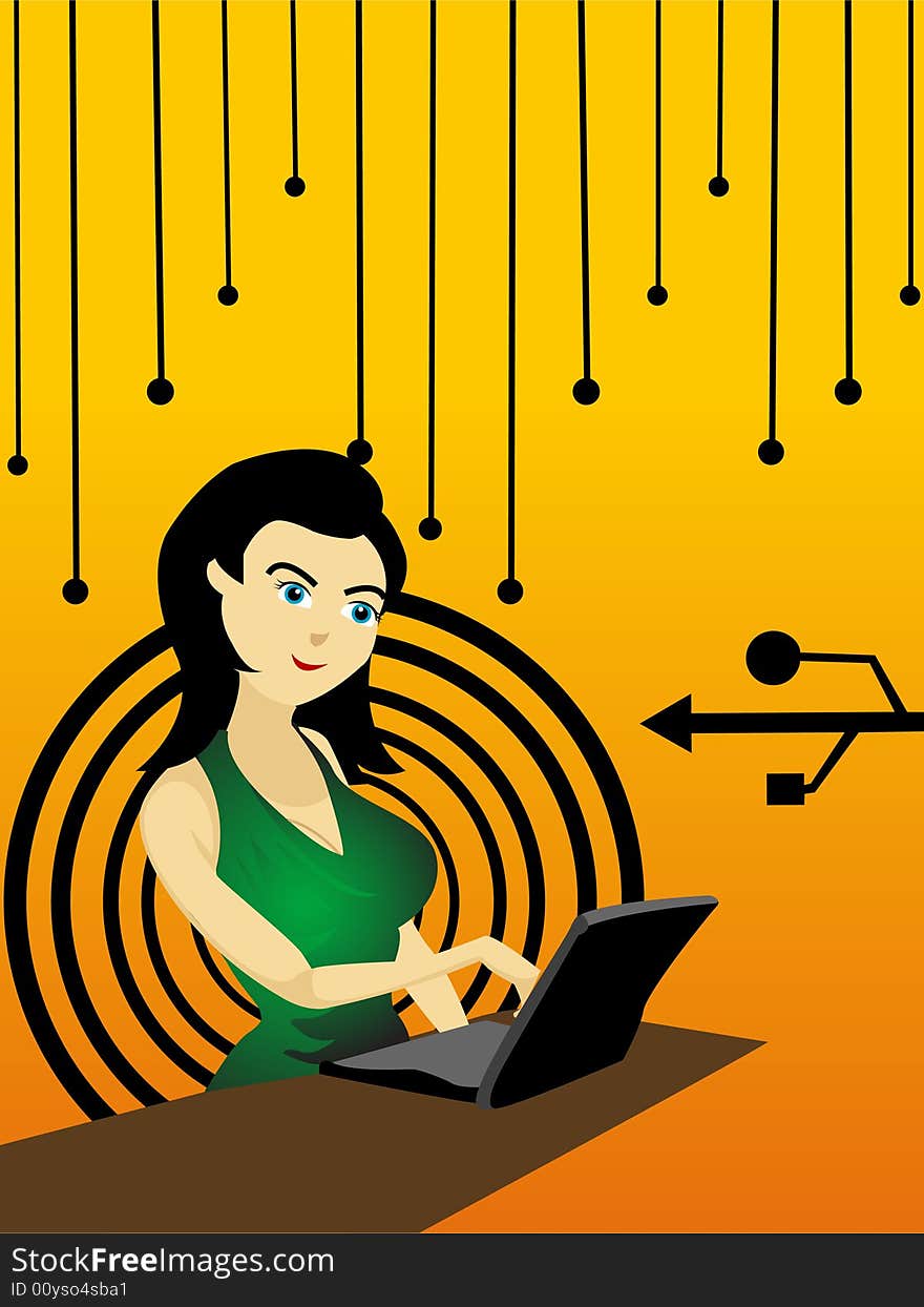 Girl working on laptop abstract background