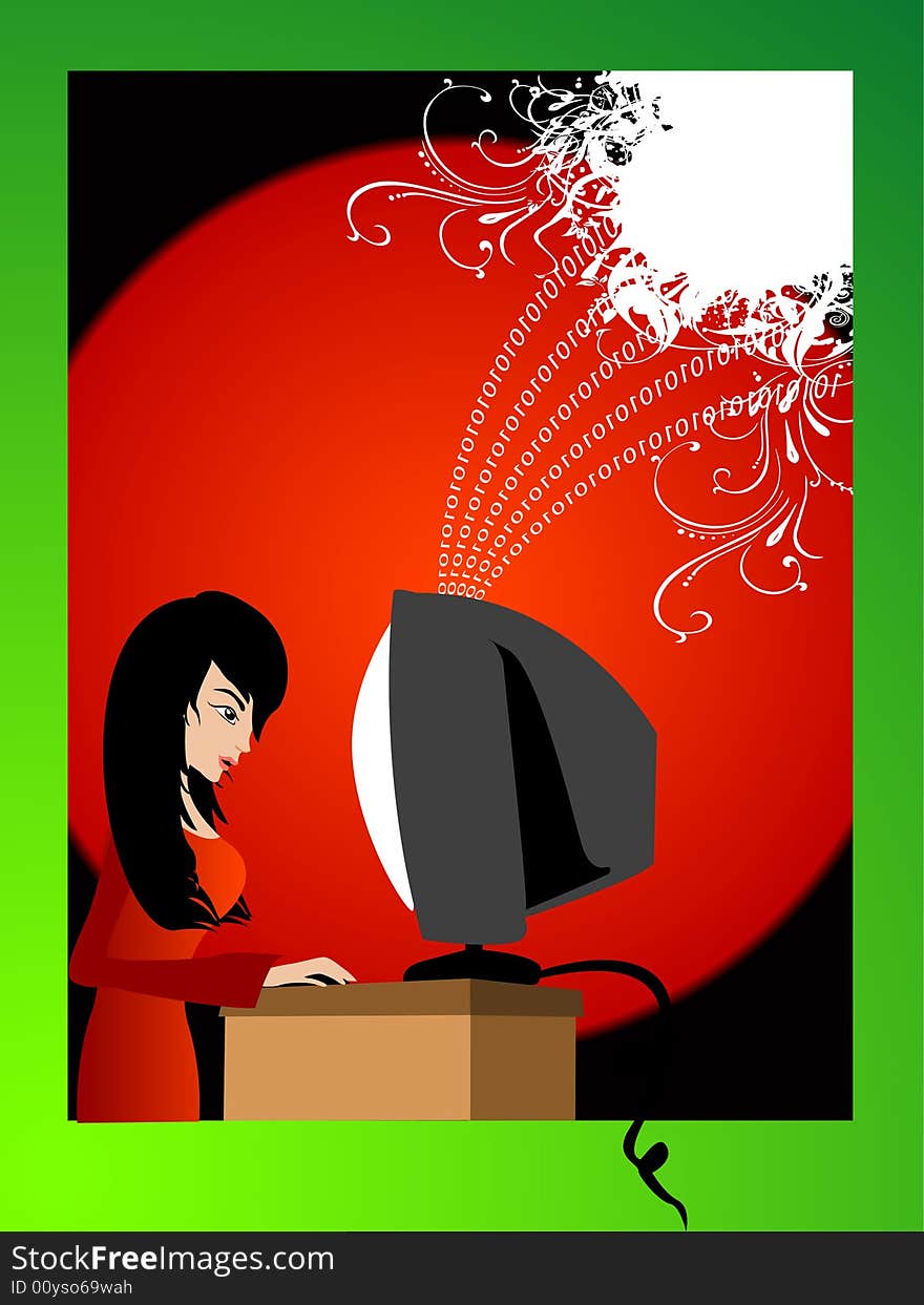 Lady working on computer circular background