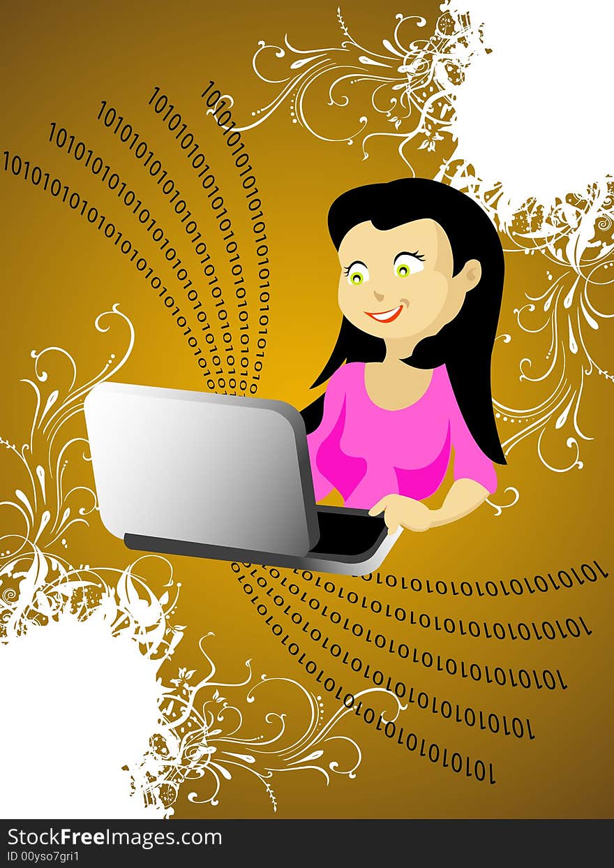 Lady with laptop on floral effect