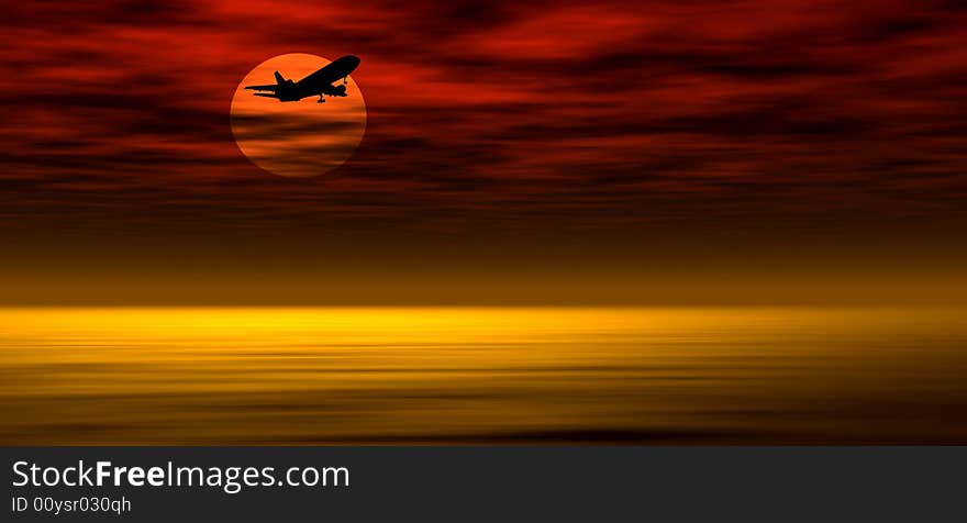 Passenger airplane silhouette against dark evening sky