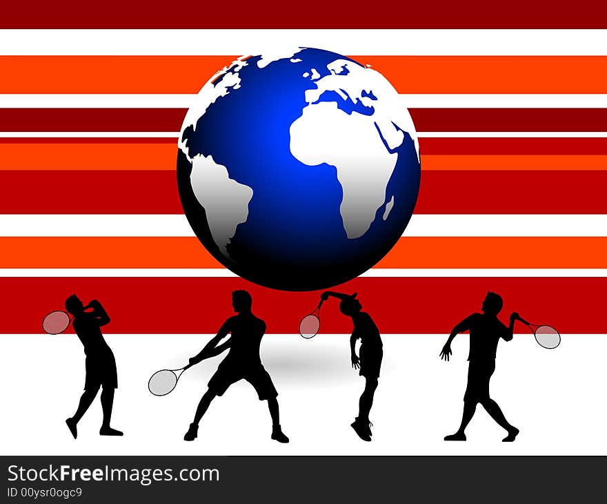 Tennis players under globe on striped background