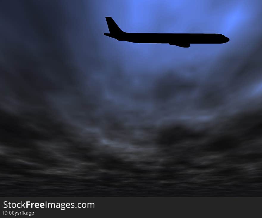 Passenger airplane silhouette against dark evening sky