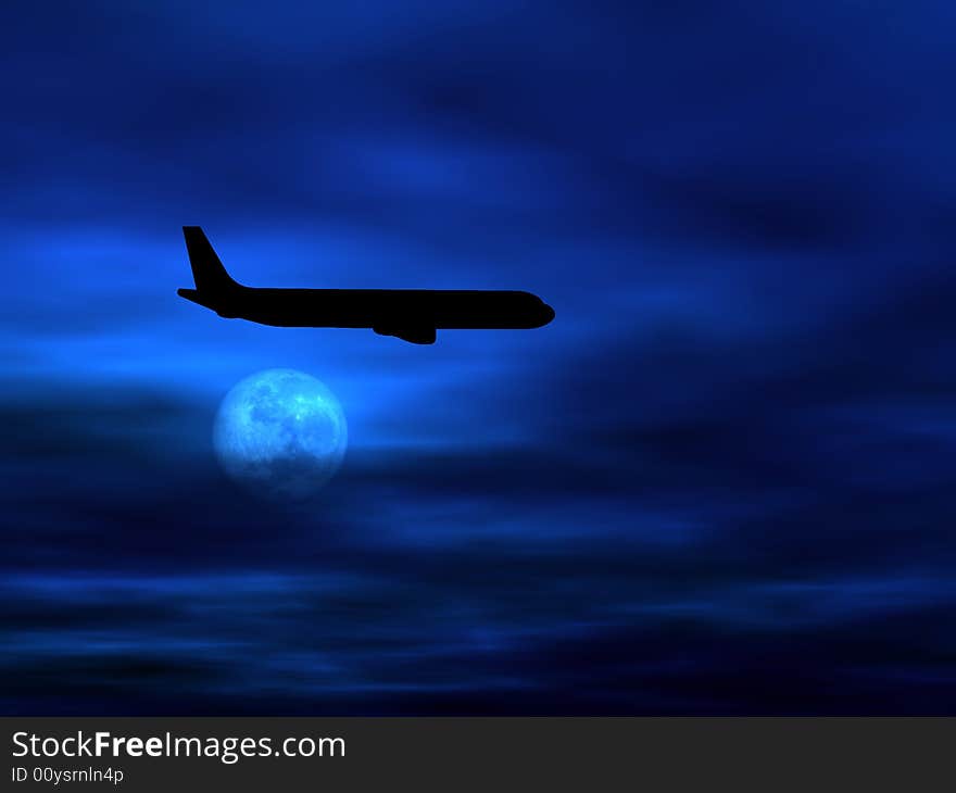 Passenger airplane silhouette against dark evening sky