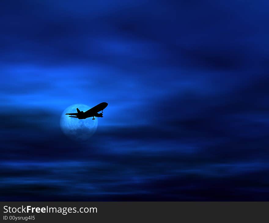 Passenger airplane silhouette against dark evening sky