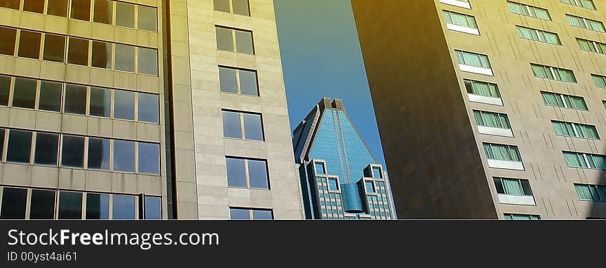 A panoramic view of the modern skyscrapers with offices in Montreal. A panoramic view of the modern skyscrapers with offices in Montreal.