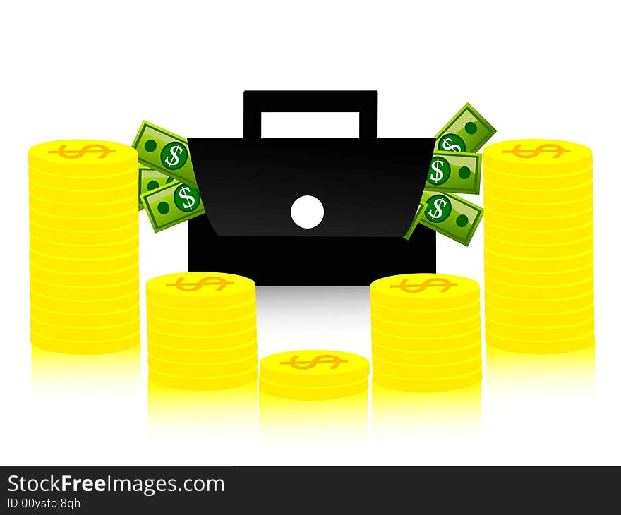 Money and bag on isolated background