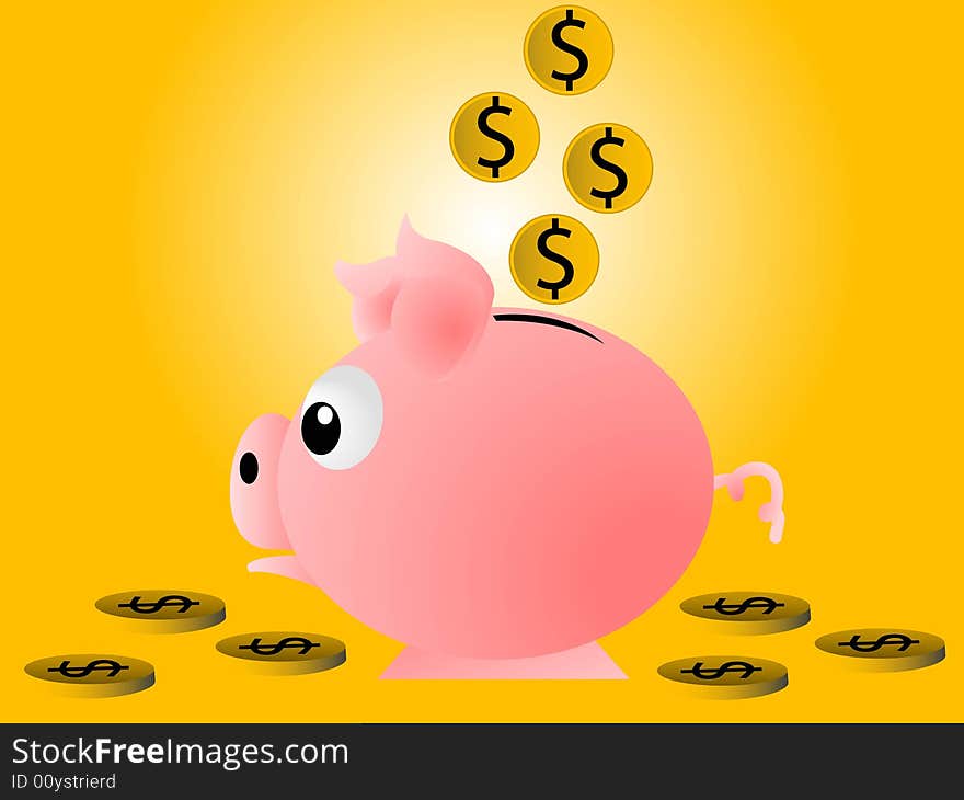 Piggy bank and coins on gradient background