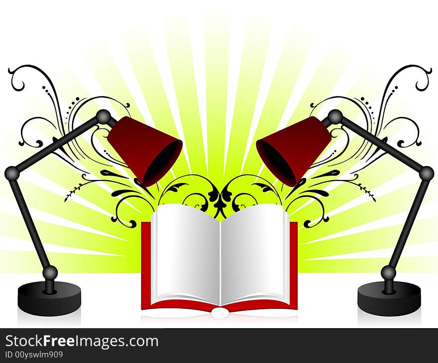 Lamp and book on floral background