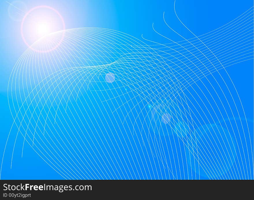 Abstract blue background with white wave line and lens flare