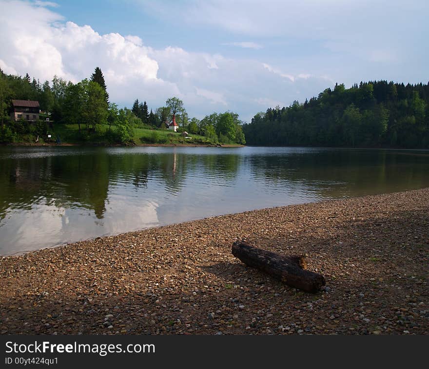 Lake panorama with log