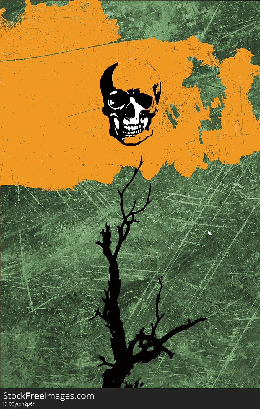 Abstract grunge background with skull and branch